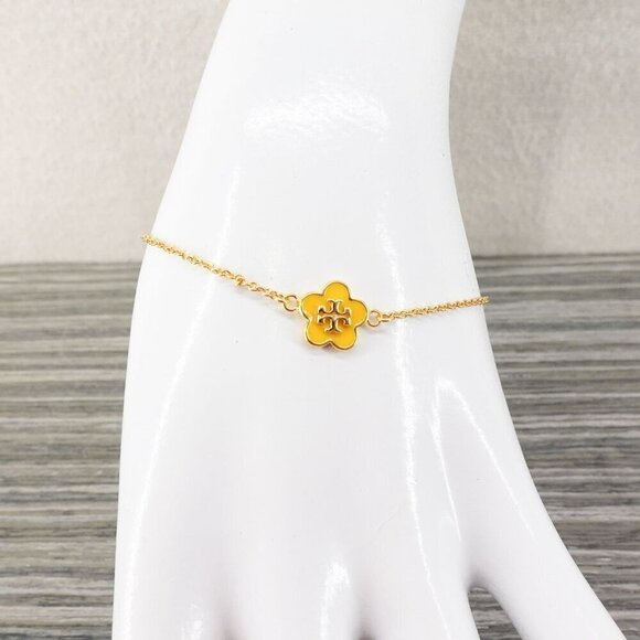 Tory Burch Kira Enamel Flower Chain Bracelet Yellow OS - Picture 5 of 12